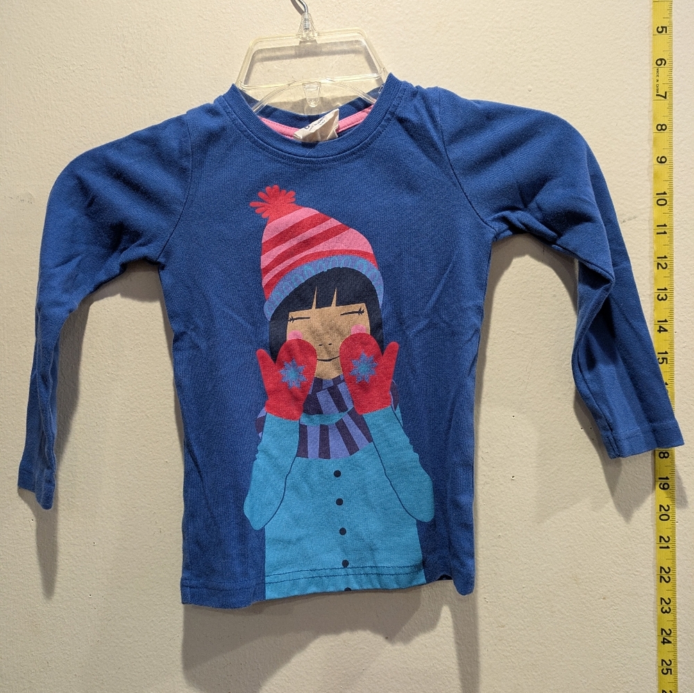 Mini Boden Blue Long Sleeve Tee with Winter Girl Design Size 3-4y